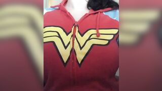 Braless reveal in my Wonder Woman sweatshirt